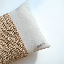 Romance - Doğal Keten Rafya Dokunuşlu Dikdörtgen Kırlent Kılıfı - 50 x 35 cm  Sütlü Kahve Tarçın Krem