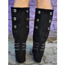Siba Shoes Skadi Zımba ve Halka Detaylı Süet Siyah Kadın Çizme