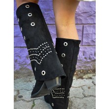Siba Shoes Skadi Zımba ve Halka Detaylı Süet Siyah Kadın Çizme