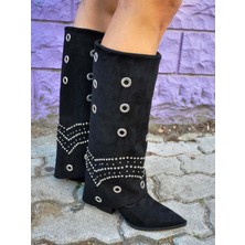 Siba Shoes Skadi Zımba ve Halka Detaylı Süet Siyah Kadın Çizme