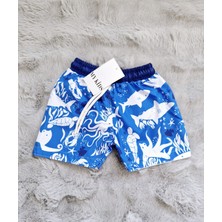 Köpek Balığı Desenlı Paraşüt Kumaş Su Tutmayan Erkek Bebek ve Çocuk Deniz Şortu