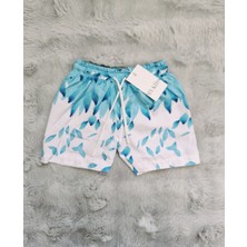 Turkuaz Yaprak Desenli  Paraşüt Kumaş Su Tutmayan Erkek Bebek ve Çocuk Deniz Şortu