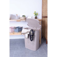 Mediterian Kapaklı Ahşap Kulplu 60 Lt Beyaz Plastik Çamaşır Sepeti