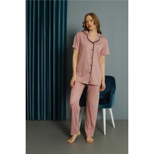 Işılay Gül Kurusu Önden Düğmeli Viskon Kumaş Kısa Kollu Bayan Pijama Takımı 15700-GK