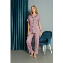 Işılay Pembe Önden Düğmeli Viskon Kumaş Kısa Kollu Bayan Pijama Takımı 15700-P