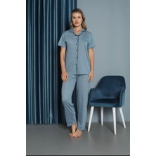 Işılay Mavi Önden Düğmeli Viskon Kumaş Kısa Kollu Bayan Pijama Takımı 15700-M