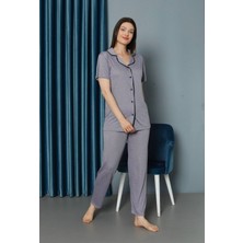 Işılay Lila Önden Düğmeli Viskon Kumaş Kısa Kollu Bayan Pijama Takımı 15700-L