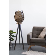 Mediterian Ahşap Kozalak Lambader, Kilim Desenli, Koyu Kahve Ayak, Dekoratif Aydınlatma