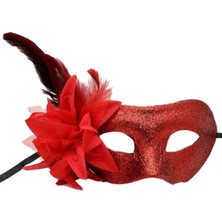 Kırmızı Renk Parlak Tüylü Parti Maskesi