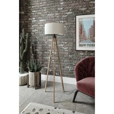 Mediterian 3 Ayaklı Silindir Lambader, Ahşap Ayak, Krem Kumaş, Yerden Yükseklik 101-150 cm