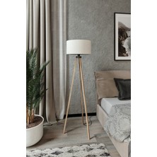 Mediterian Yuvarlak Bej Kumaş Ayaklı Yüksek Tripod Lambader, Ahşap Materyal, Modern Tasarım