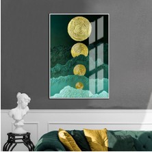 Harikabirev|yeşil-Gold-Beyaz Soyut Desenli Model 4 |çerçeveli Temperli Cam Tablo Tekli Dikey
