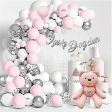 Kız Çocukları Için Retro Pembe Ayılı Gümüşlü Pembeli Lüks Balon Zincir Doğum Günü Parti Seti Süsü