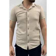 Bej Dikey Çizgili Erkek Gömlek