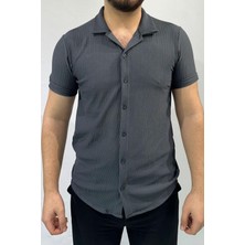 Koyu Gri Dikey Çizgili Erkek Gömlek