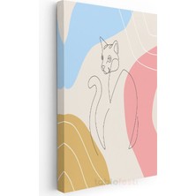 Pastel Kedi - Renkli Geometrik Formlarla Çizgisel Kanvas Tablo