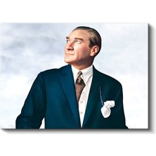 Yukarı Bakan Atatürk - Mavi Takım Elbiseli Kanvas Tablo
