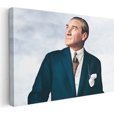 Yukarı Bakan Atatürk - Mavi Takım Elbiseli Kanvas Tablo
