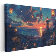 Deniz Feneri - Turuncu Gün Batımı Anime Kanvas Tablo