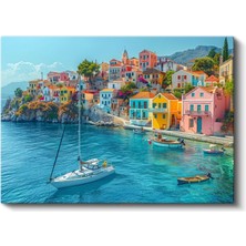 Santorini Evleri - Turkuaz Deniz Manzarası Kanvas Tablo