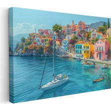 Santorini Evleri - Turkuaz Deniz Manzarası Kanvas Tablo