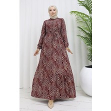 Viskon Kumaş Desenli Elbise 4074-04 Bordo