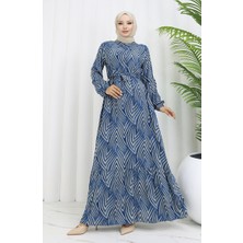 Viskon Kumaş Desenli Elbise 4074-05 Indigo