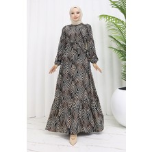 Viskon Kumaş Desenli Elbise 4074-02 Siyah