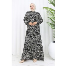 Sefa Merve Viskon Kumaş Kolu Lastikli Desenli Elbise 2036-03 Siyah