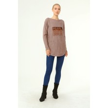 FTZ Women Kadın Ön İşlemeli Owersize Kazak Beige 21-1290