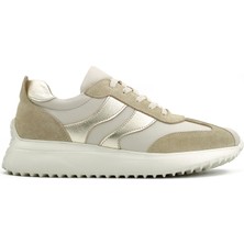 Levarno Duotone Hakiki Deri Kadın Bej – Altın Casual Sneaker Ayakkabı (Süet Detaylı)