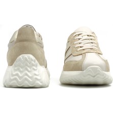 Levarno Duotone Hakiki Deri Kadın Bej – Altın Casual Sneaker Ayakkabı (Süet Detaylı)