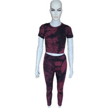 Batik Desenli Sporcu Bordo Crop Tayt Takım