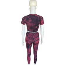 Batik Desenli Sporcu Bordo Crop Tayt Takım