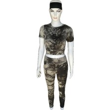 Batik Desenli Sporcu Yeşil Crop Tayt Takım