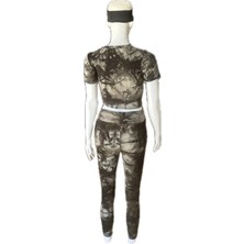 Batik Desenli Sporcu Yeşil Crop Tayt Takım