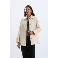 Ekru Dikiş Detaylı Gabardin Ceket