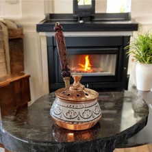 Bakır Tütsülük Bakır Buhurdanlık Gezdirme Tamamen El Işlemeli Beyaz Renk Ahşap Kulplu