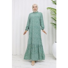 Sefa Merve Viskon Kumaş Kolu Lastikli Desenli Elbise 2038-05 Çağla Yeşili