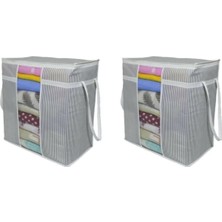 2 Adet - Pencereli Saklama Çantası - Pencereli Battaniye Hurcu 30 x 45 x 50 cm  - Çizgili Model