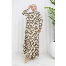 Sefa Merve Viskon Kumaş Kolu Lastikli Desenli Elbise 2034-03 Vizon