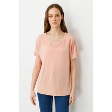Desen Triko Kadın Sıfır Yaka Boncuk Işlemeli Penye T-Shirt Somon
