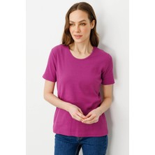 Kadın Sıfır Yaka Kısa Kol Pamuk Kaşkorse T-Shirt Sıklamen
