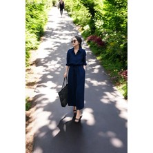 Beli Bağcıklı Gömlek Yaka Rahat Keten Elbise