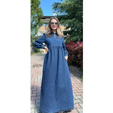 Premium Kalite Taş Süslemeli Yazlık Denim Kot Elbise Tesettür Jean Elbise 140 cm