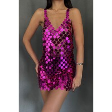 Fuşya Pullu Sırt Dekolteli Mini Elbise