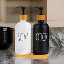 Home Porselen 2'li Sabunluk + Losyonluk Seti 500 ml Bambu Detaylı