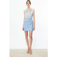  Ekol Desenli Kruvaze Bluz Mavı 03094