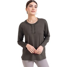 Mutlu City Yeni Sezon Kadın Orta Yaş ve Üzeri Uzun Kollu Yaka Desenli Likralı Anne Penye Bluz 6390