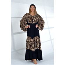 Keyifli Moda Kadın Siyah Balon Kol Leopar Desen Garnili Oversize Uzun Elbise